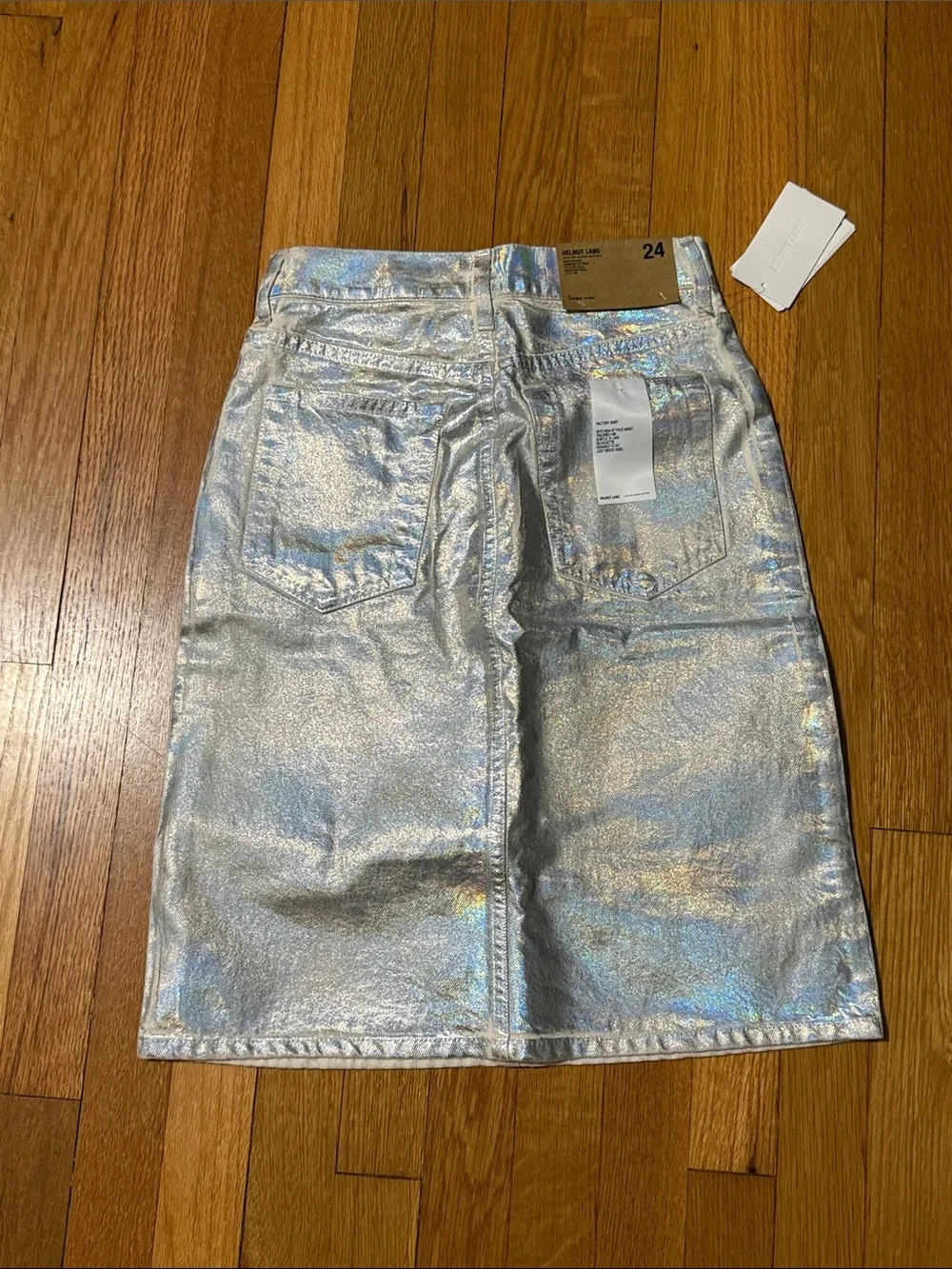 NWT Helmut Lang Silver Metallic Denim Pencil Skirt Size 24